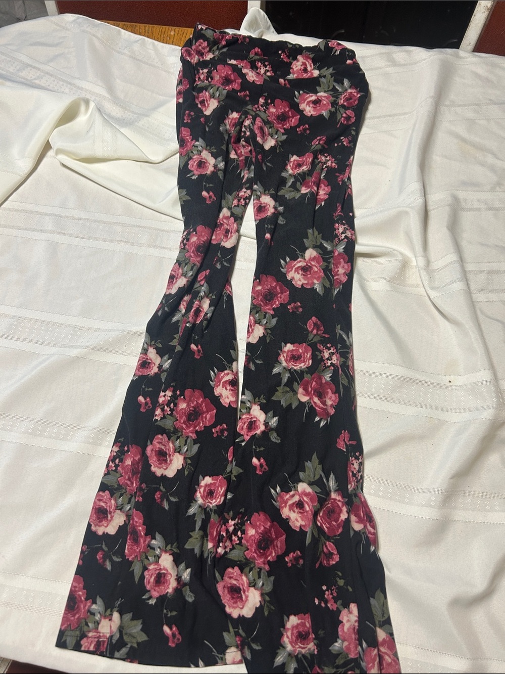 No Boundaries Black Bell-Bottom Pants with Pink Floral Print